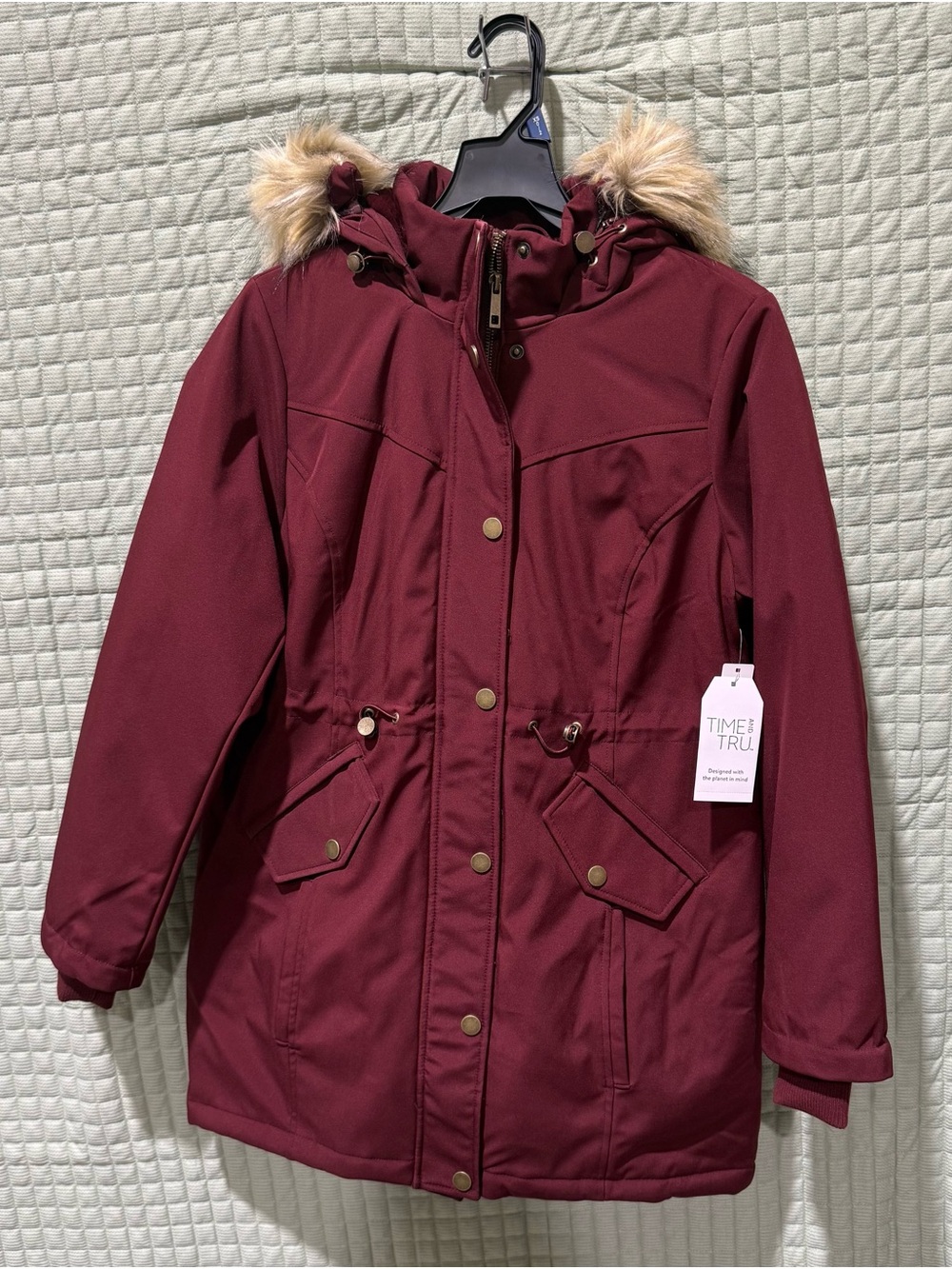 Time and Tru Burgundy Hooded Anorak Parka Coat with Faux-Fur Trim